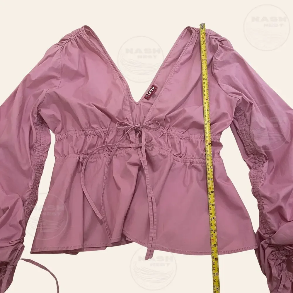 STAUD M Shelby Top Pink | Feminine Peplum, Bows Balloon Puff Cottage Blouse $275